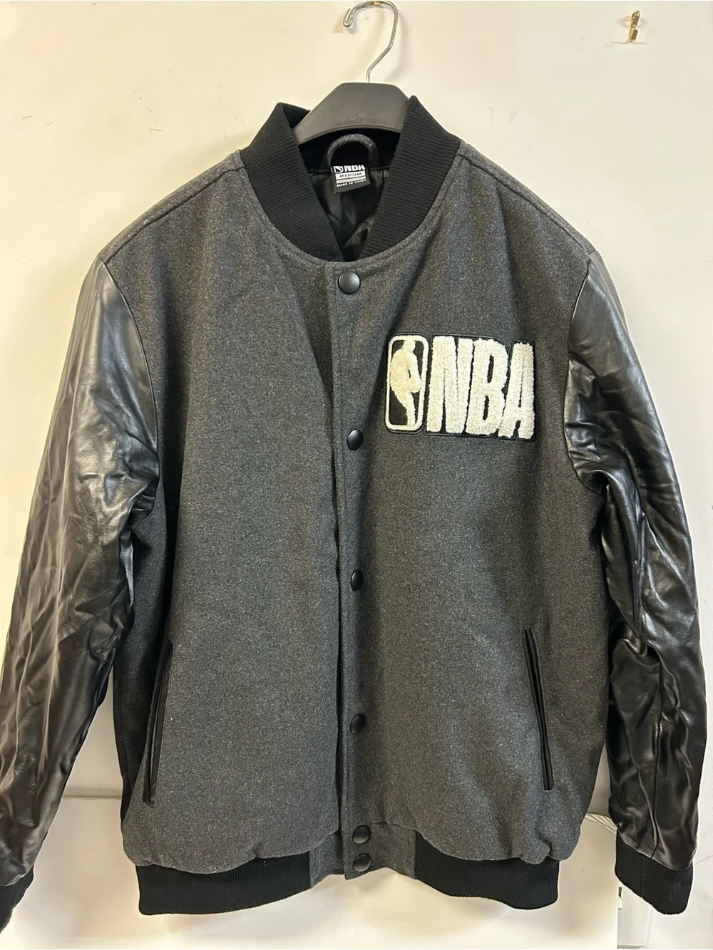 NBA Charcoal Gray Wool Body with Black Leather Sleeve Varsity Jacket